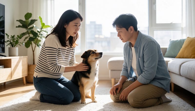 집 안에서 고개를 기울이고 비틀거리는 강아지를 걱정스럽게 지켜보는 보호자