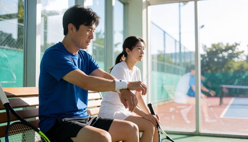 연습 중 휴식하며 손목을 스트레칭하는 모습