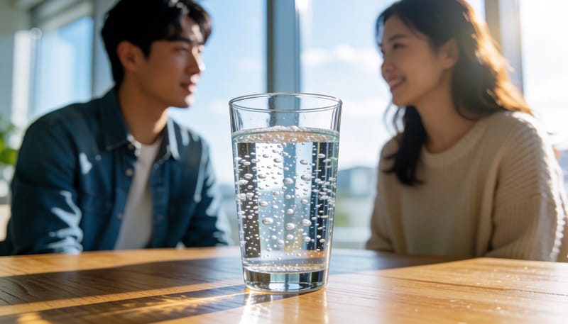기포가 올라오는 탄산수 유리잔