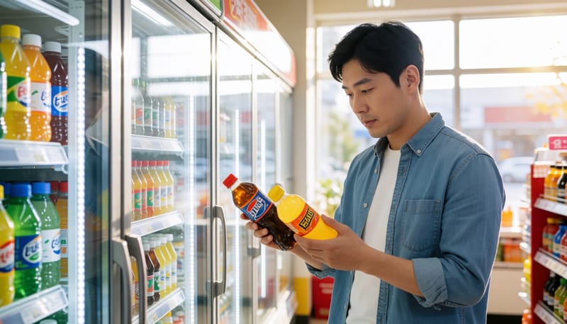 편의점에서 음료 라벨을 확인하는 남성