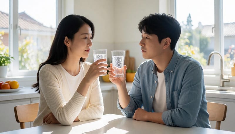탄산수가 담긴 유리잔을 바라보는 여성
