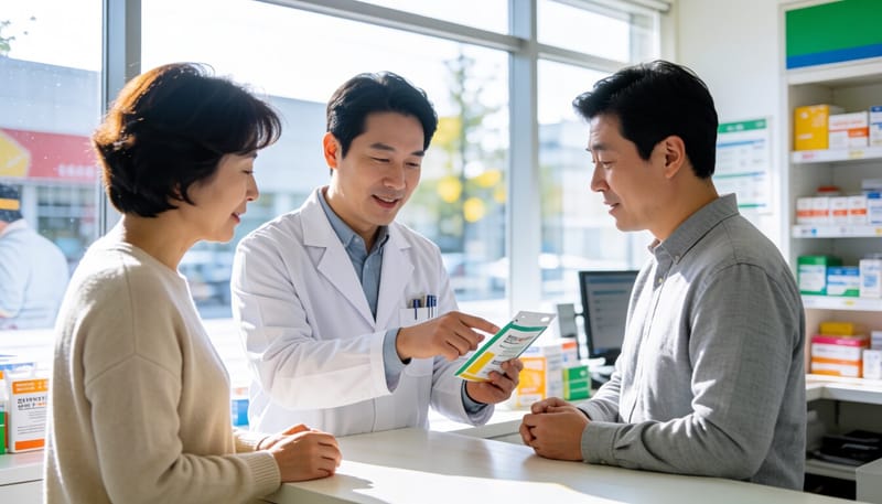 약사가 환자에게 약 복용 시간을 설명하는 모습