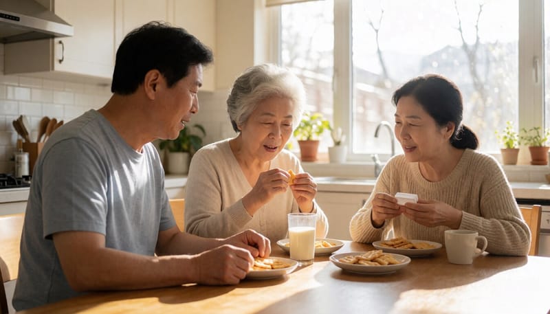 고령 여성이 간단한 간식을 먹은 뒤 약을 챙기는 모습