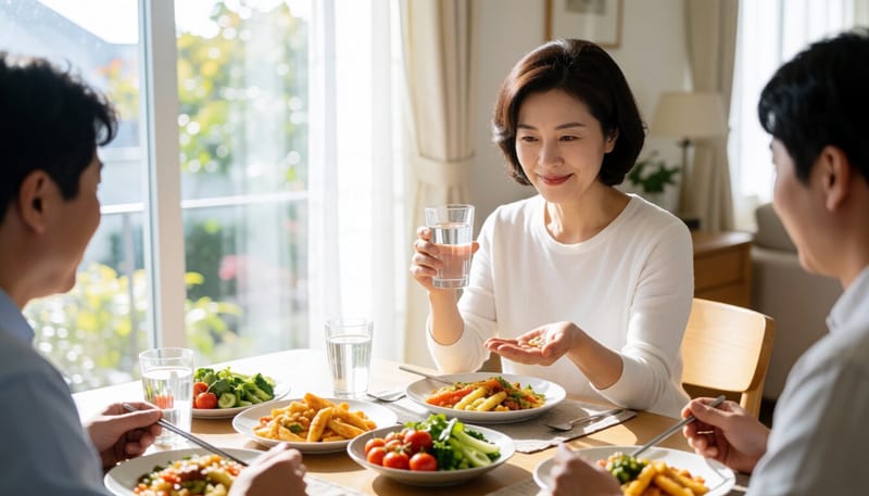 식사를 마친 뒤 물과 함께 약을 복용하려는 여성의 모습