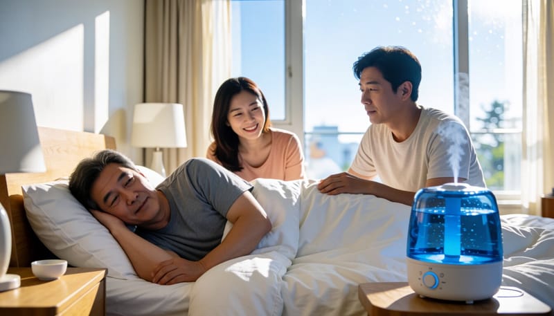 침실에서 가습기를 틀어놓고 잠든 남성의 모습