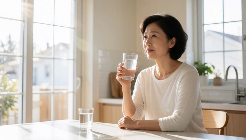 물컵을 들고 목을 만지며 불편한 표정을 짓는 중년 여성