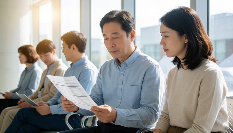 건강검진 결과지를 확인하는 중년 남성의 모습