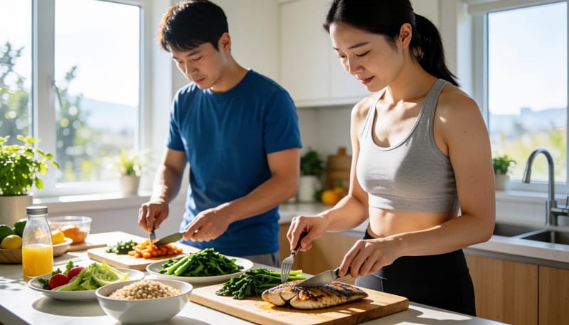 생선과 채소, 통곡물로 차린 건강한 식사를 준비하는 모습