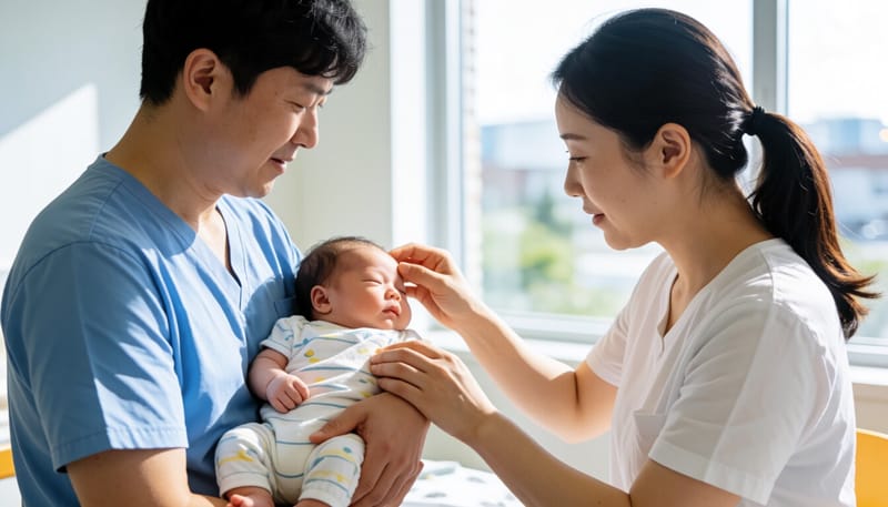 신생아의 체온을 확인하는 보호자의 모습