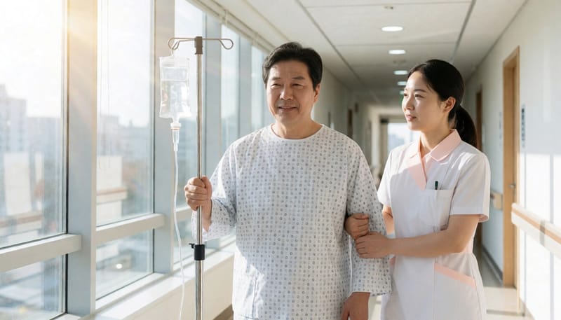 수술 후 회복 중 병원 복도를 걷는 환자의 모습