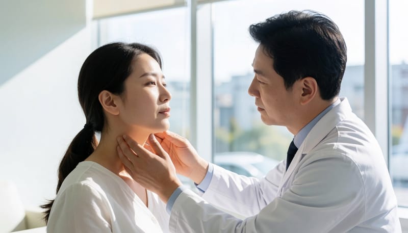 피부과에서 목 부위 혹을 진찰받는 모습