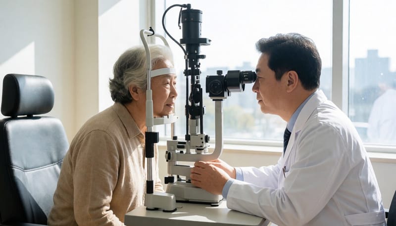 안과에서 노년 환자의 눈을 슬릿램프로 진료하는 의사