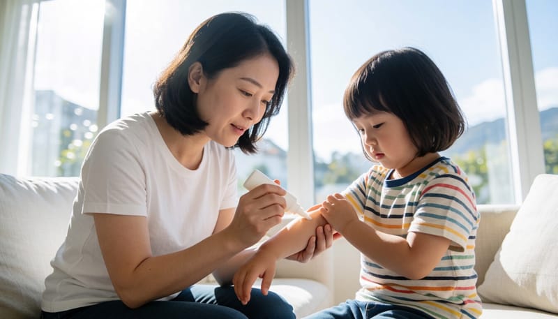 집에서 보호자가 아이 피부에 연고를 발라주는 모습