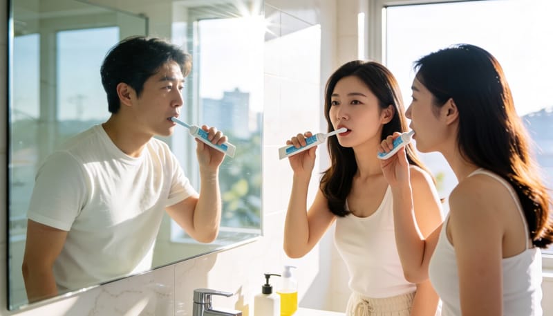 여성이 집에서 칫솔질을 하는 모습