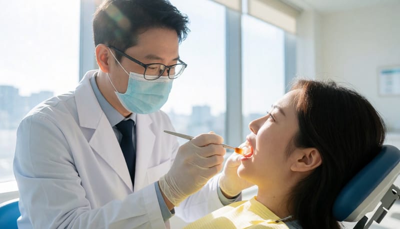 치과에서 불소도포 시술을 받는 모습