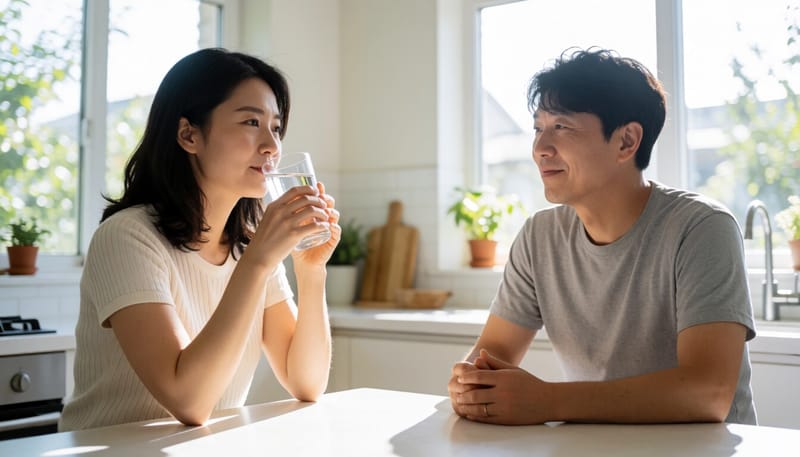 찬물을 마시다 이가 시큰거려 얼굴을 찡그리는 여성