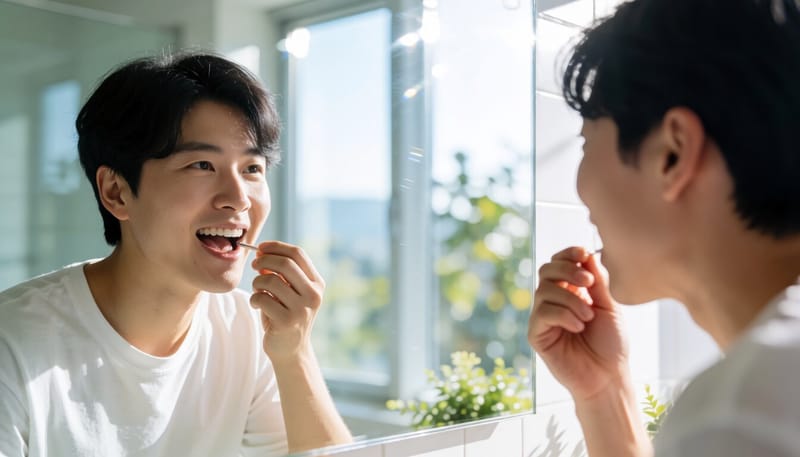 치실로 치아 사이를 관리하는 모습