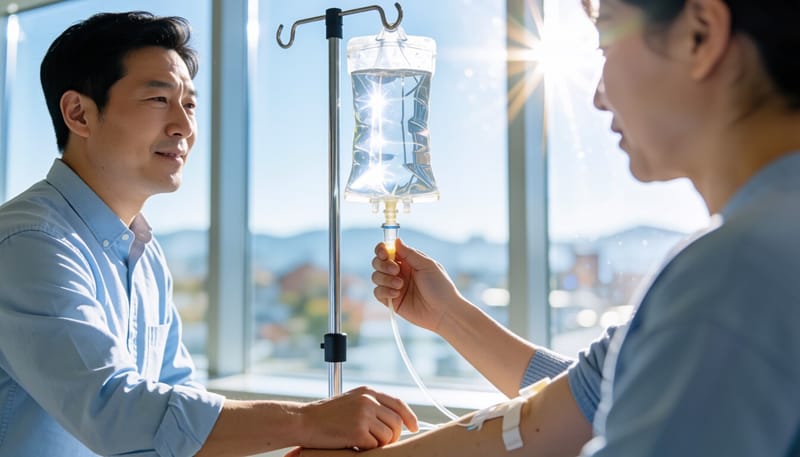 영양수액을 맞고 있는 환자의 팔 모습