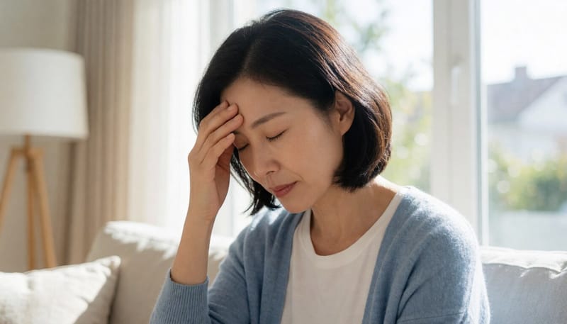 어지럼증을 느끼며 이마를 짚고 있는 여성
