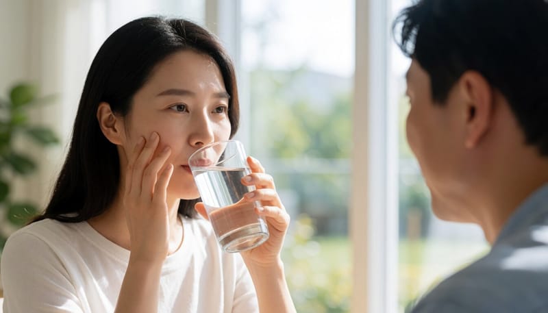 찬물을 마시다 이가 시려 얼굴을 찡그리는 여성