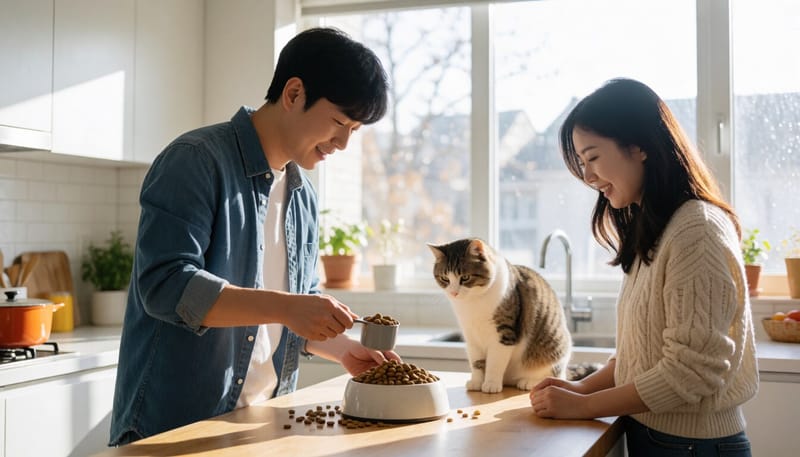 사료량을 계량해 급여하는 보호자의 모습