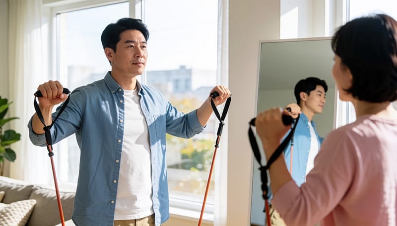 거울 앞에서 저항밴드 자세를 점검하는 모습