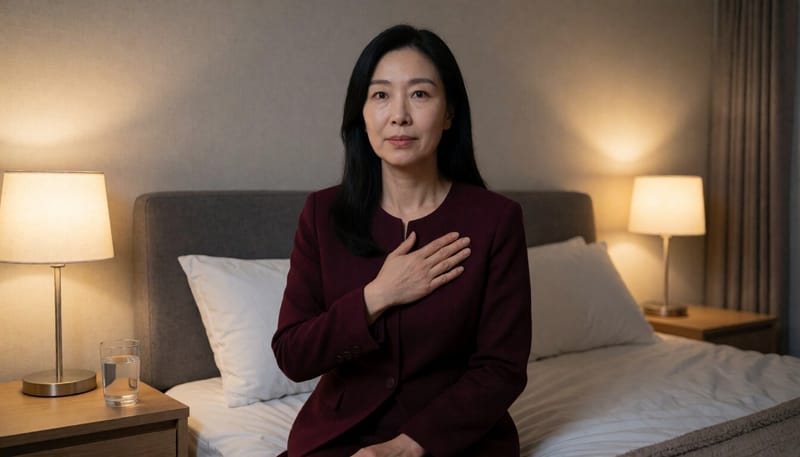 밤에 가슴 통증으로 잠을 이루지 못하는 여성의 모습