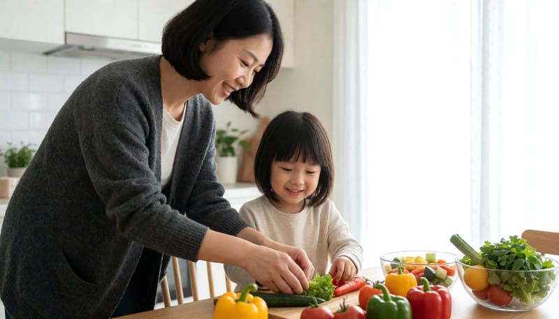 부모와 아이가 채소와 과일로 균형 잡힌 식사를 준비하는 모습