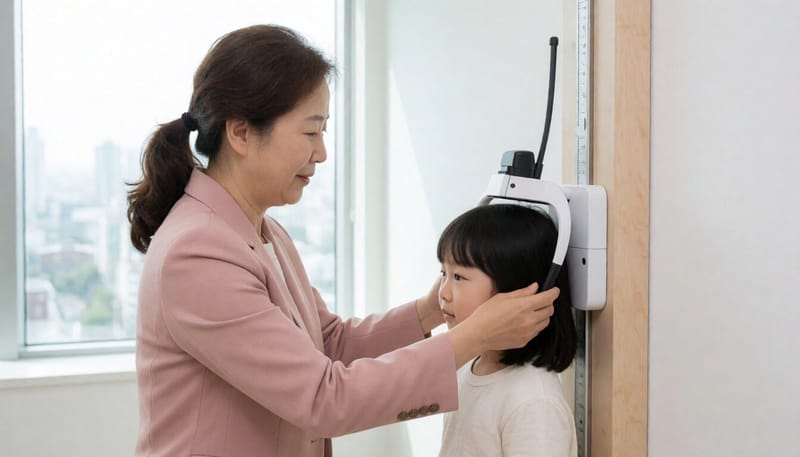 병원에서 성장판 검사를 위해 키를 측정하는 아이와 보호자