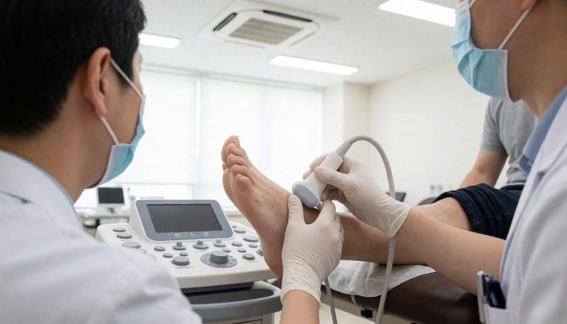 의료진이 환자의 부은 엄지발가락 관절을 초음파로 살펴보는 모습