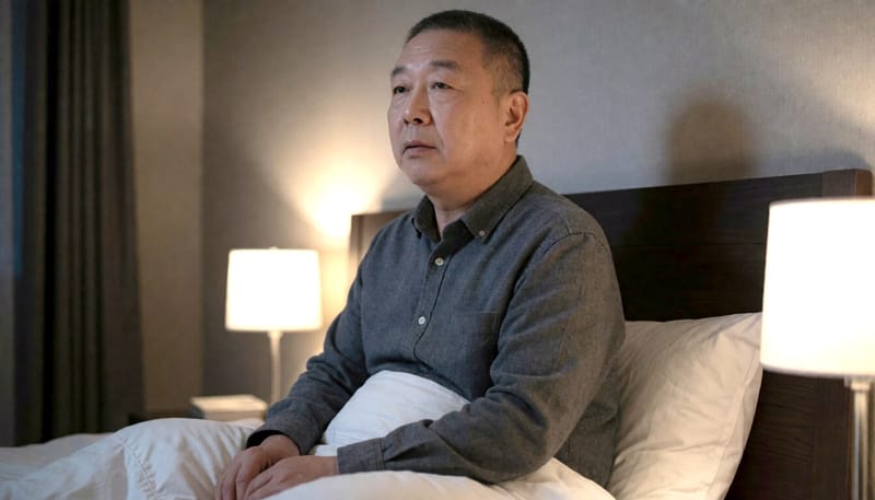 한밤중 침대에서 엄지발가락을 붙잡고 통증에 괴로워하는 중년 남성