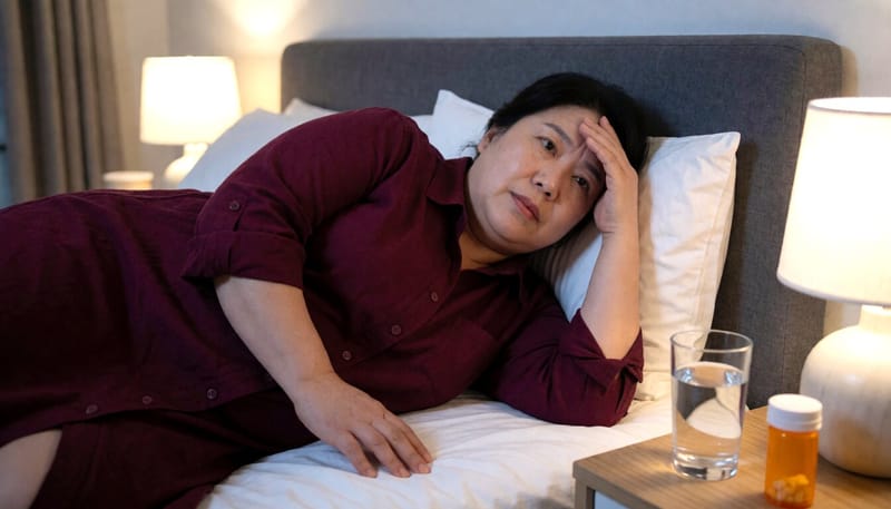밤에 잠들지 못해 뒤척이는 여성의 모습