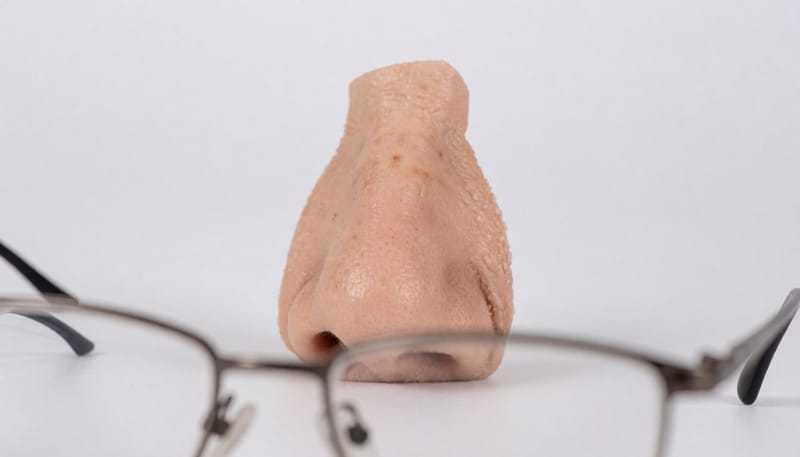 안경 코받침이 닿는 부위에 생긴 붉은 피부 트러블 클로즈업