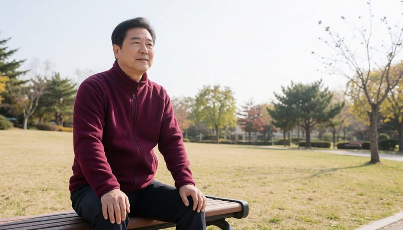 공원에서 가벼운 산책 후 벤치에 앉아 쉬는 남성