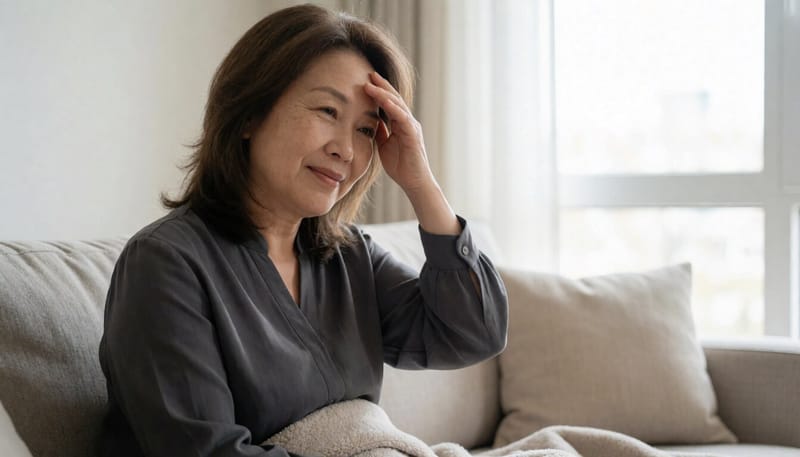 거실 소파에 지친 표정으로 앉아 있는 중년 여성