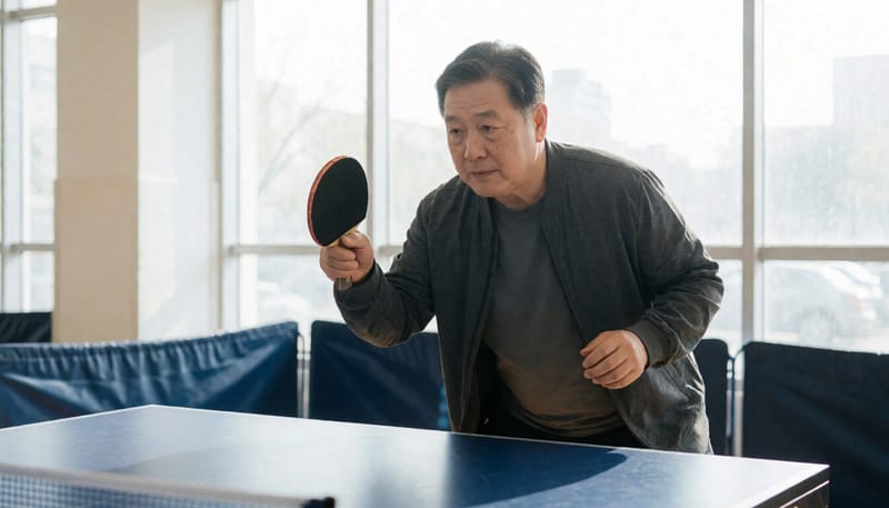탁구장에서 사이드스텝 풋워크를 연습하는 모습