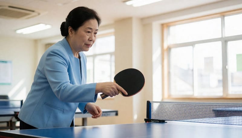 탁구장에서 그립을 잡고 자세를 연습하는 모습