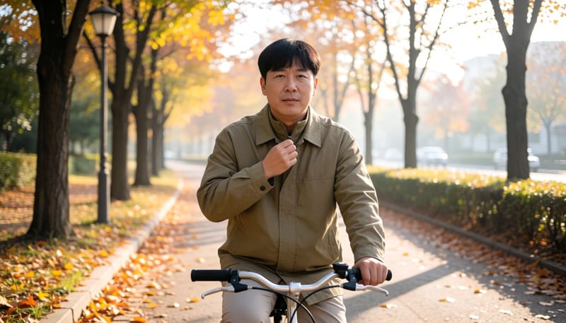 가을 아침 자전거를 타며 재킷 지퍼를 조절하는 남성