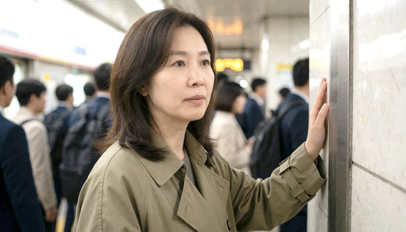 지하철에서 갑자기 어지러움을 느끼며 벽을 짚는 여성