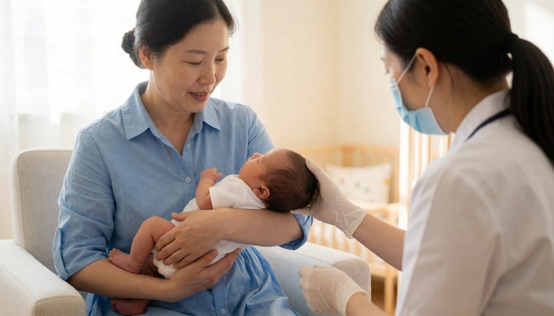 신생아를 품에 안고 모유를 먹이는 보호자