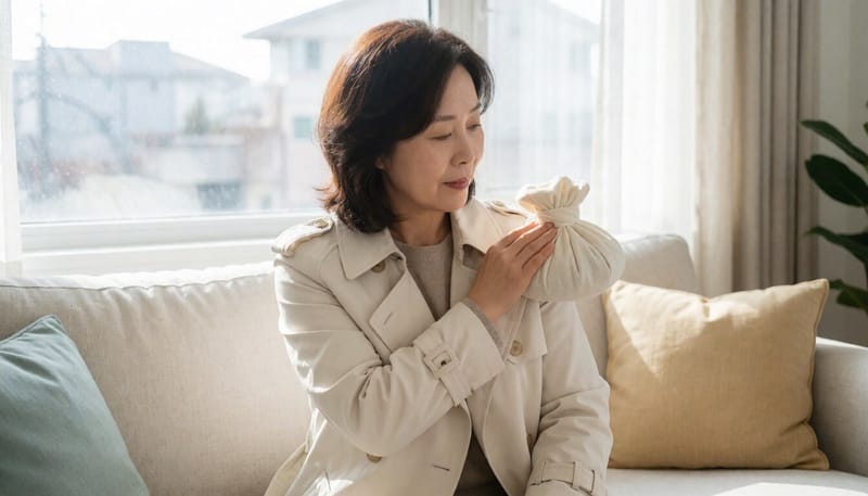 프롤로주사 시술 후 어깨에 냉찜질을 하는 여성의 모습