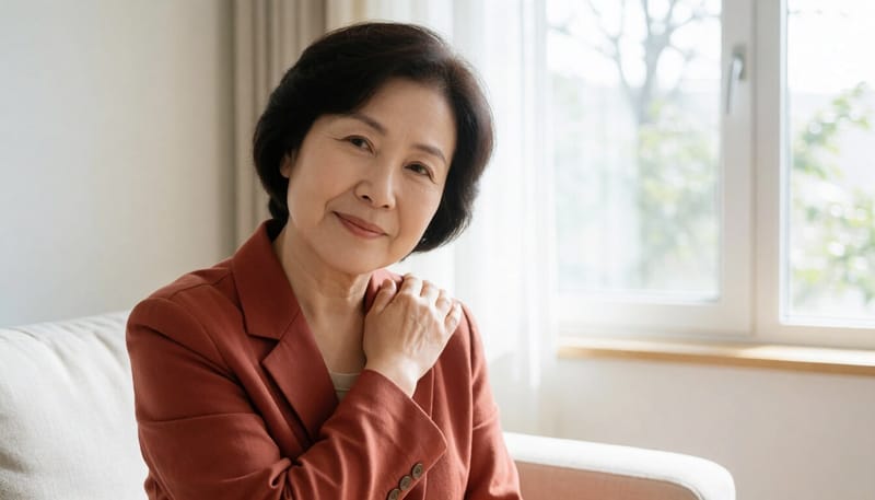 집에서 턱을 당기며 목 스트레칭을 하는 여성