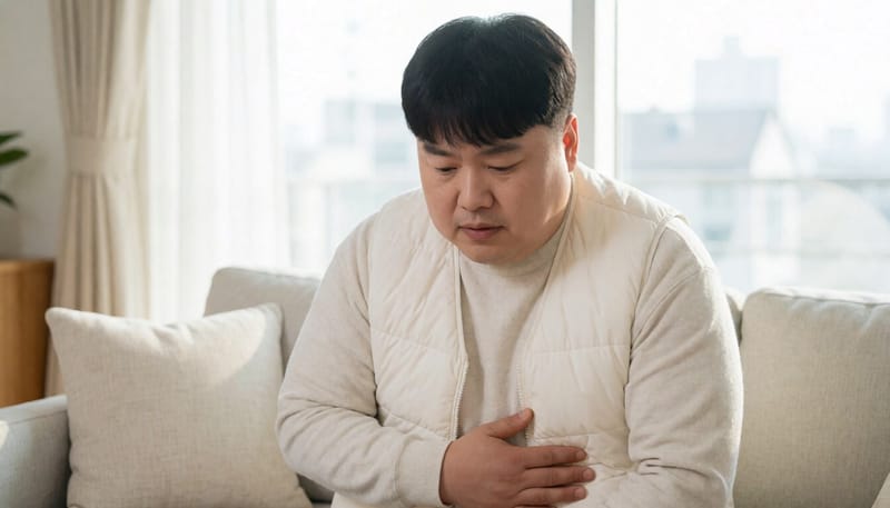 한 남성이 집 소파에서 오른쪽 윗배를 짚으며 걱정스러운 표정을 짓고 있다