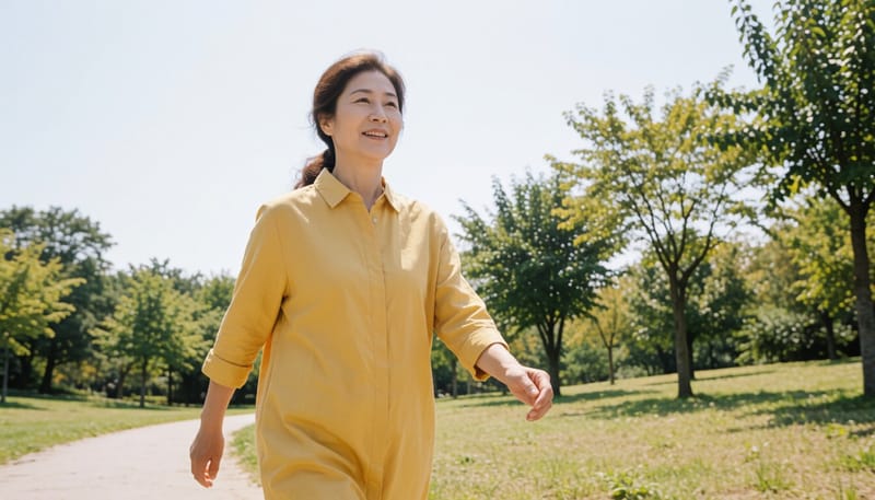 공원에서 유산소 운동을 하는 중년 여성