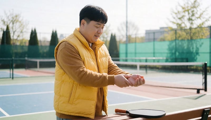 경기 전 손목을 스트레칭하며 부상을 예방하는 모습