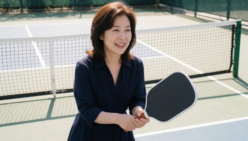 피클볼을 치다가 손목을 감싸 쥐며 통증을 느끼는 여성