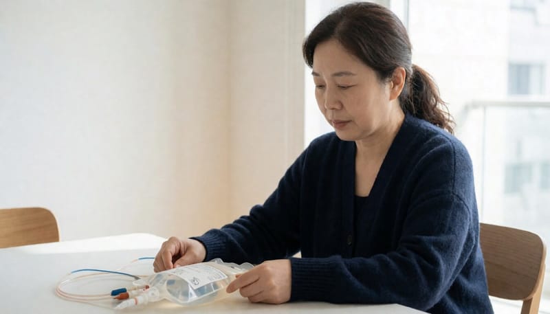 집에서 복막투석 용액을 교환하는 여성의 모습