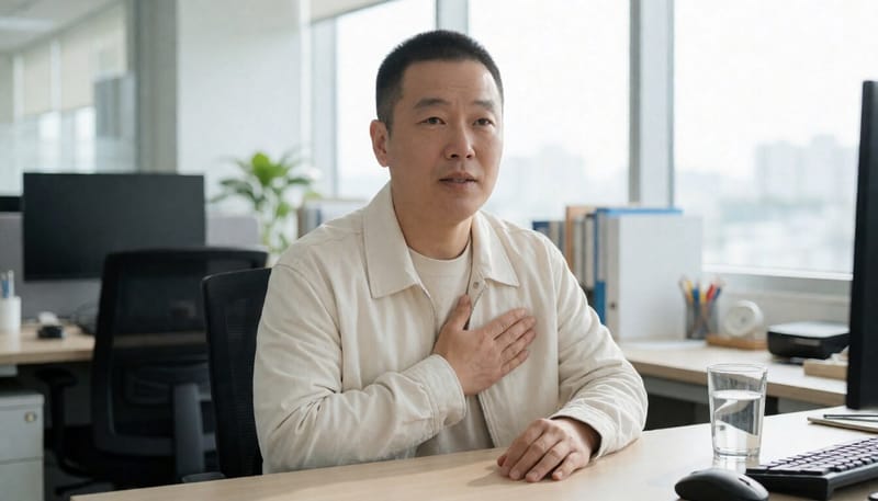 갑작스러운 딸꾹질로 놀란 표정의 직장인 모습