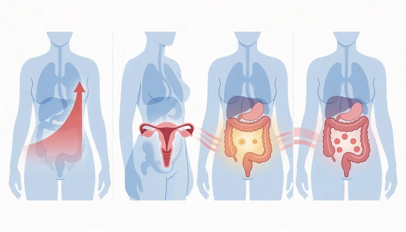 생리 전 호르몬 변화가 장운동에 영향을 주는 과정을 보여주는 그림