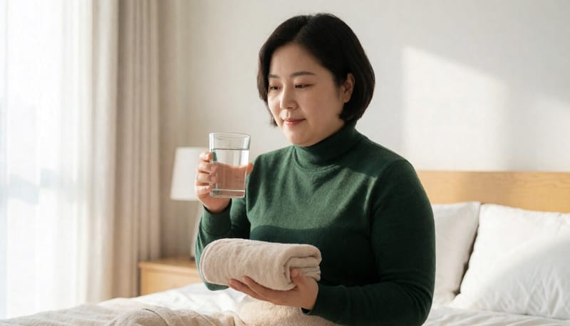 따뜻한 수건으로 배를 찜질하며 물을 마시는 여성